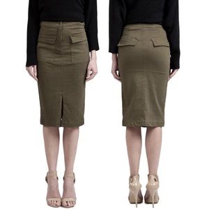 NWT J.O.A. Cargo Fitted Midi Pencil Skirt Olive Green S